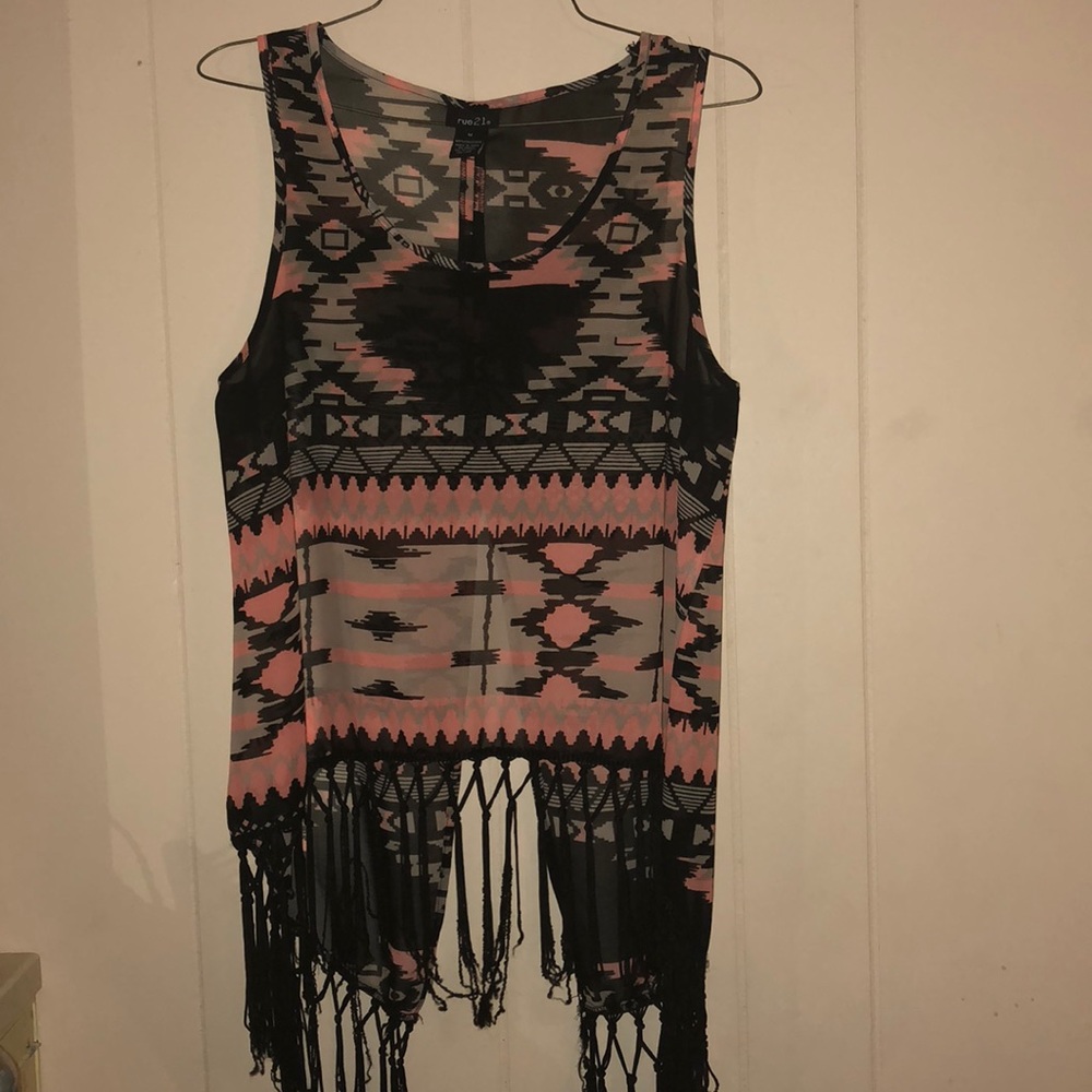 Patterned top blouse with fringed strings